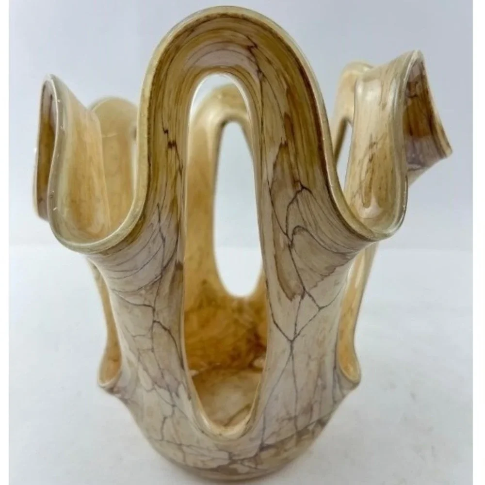 Vintage Jozefina Krosno Style Hand Blown Amber Veined Freeform Art Glass Vase